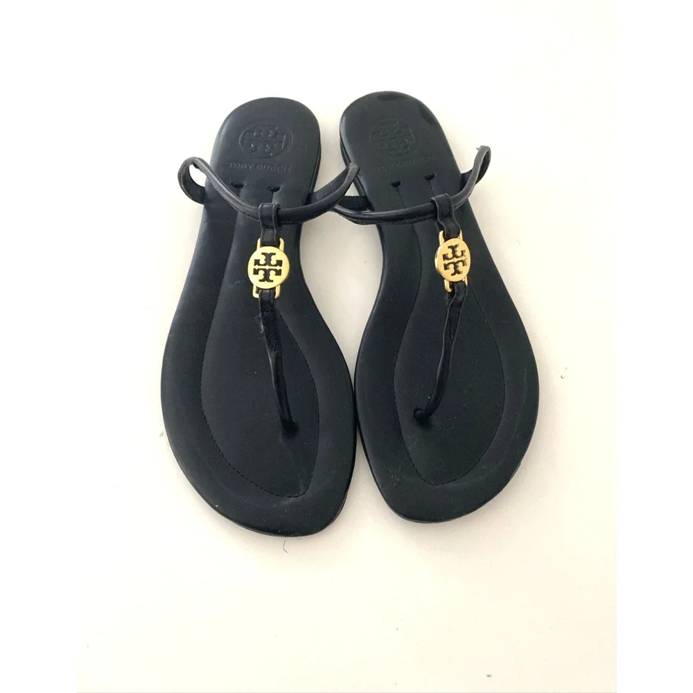 TORY BURCH T Strap Sandal Black Leather Gold Logo Slip On Thong Toe 7.5